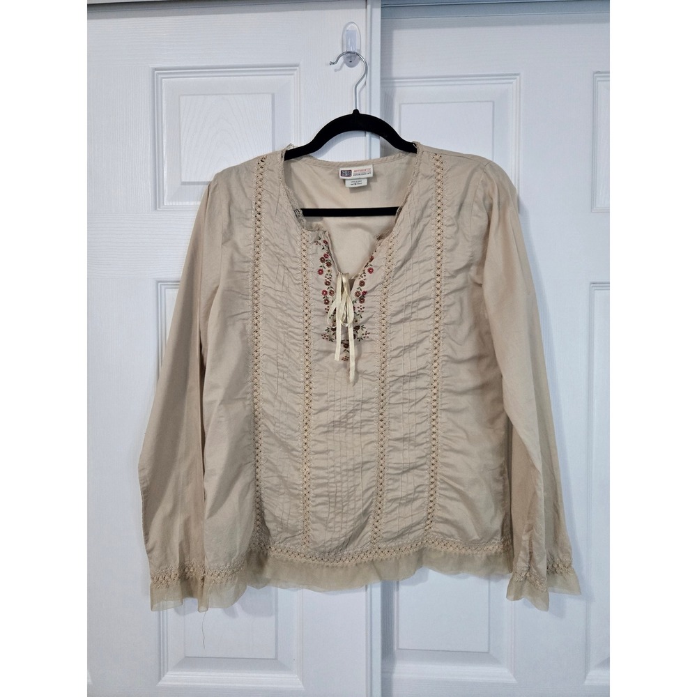 Faded Glory Vintage y2k Shirt Boho Crochet Lace Embroidered Top Tan M